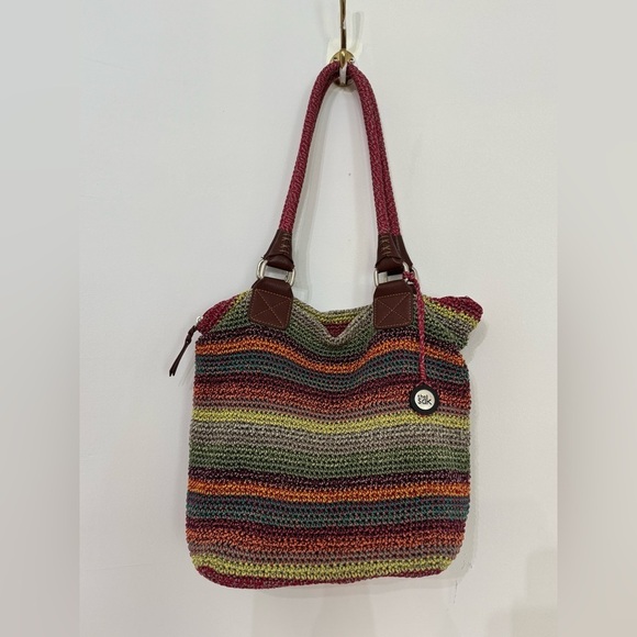 The Sak Handbags - The Sak Cambria Hand Crochet Multi Coloured Gypsy Hobo Striped Tote Bag Purse